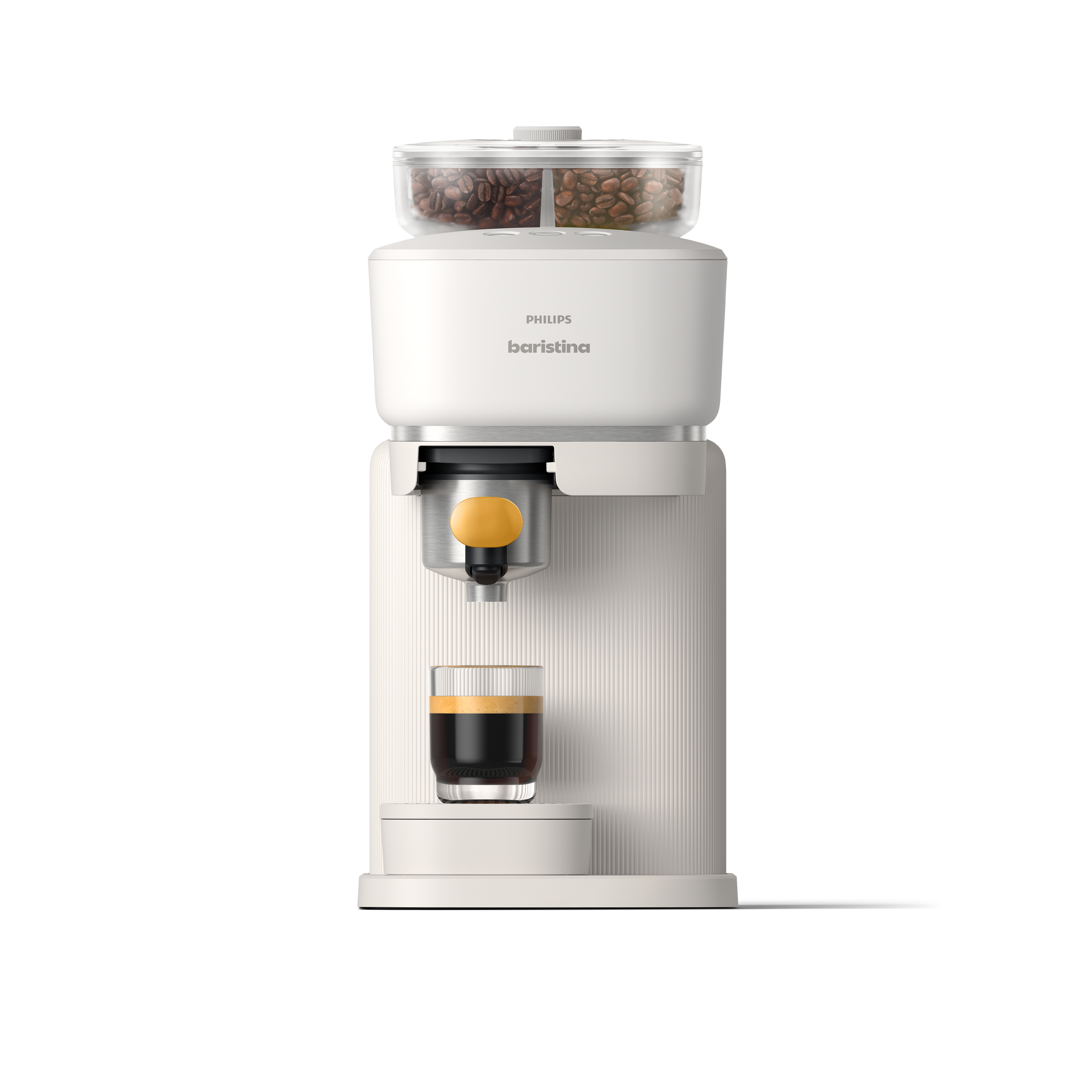 Een witte Philips Baristina espressomachine met dubbele bonenreservoirs, die rijke espresso in een glas zet. Een witte Philips Baristina espressomachine met dubbele bonenreservoirs, die rijke espresso in een glas zet.