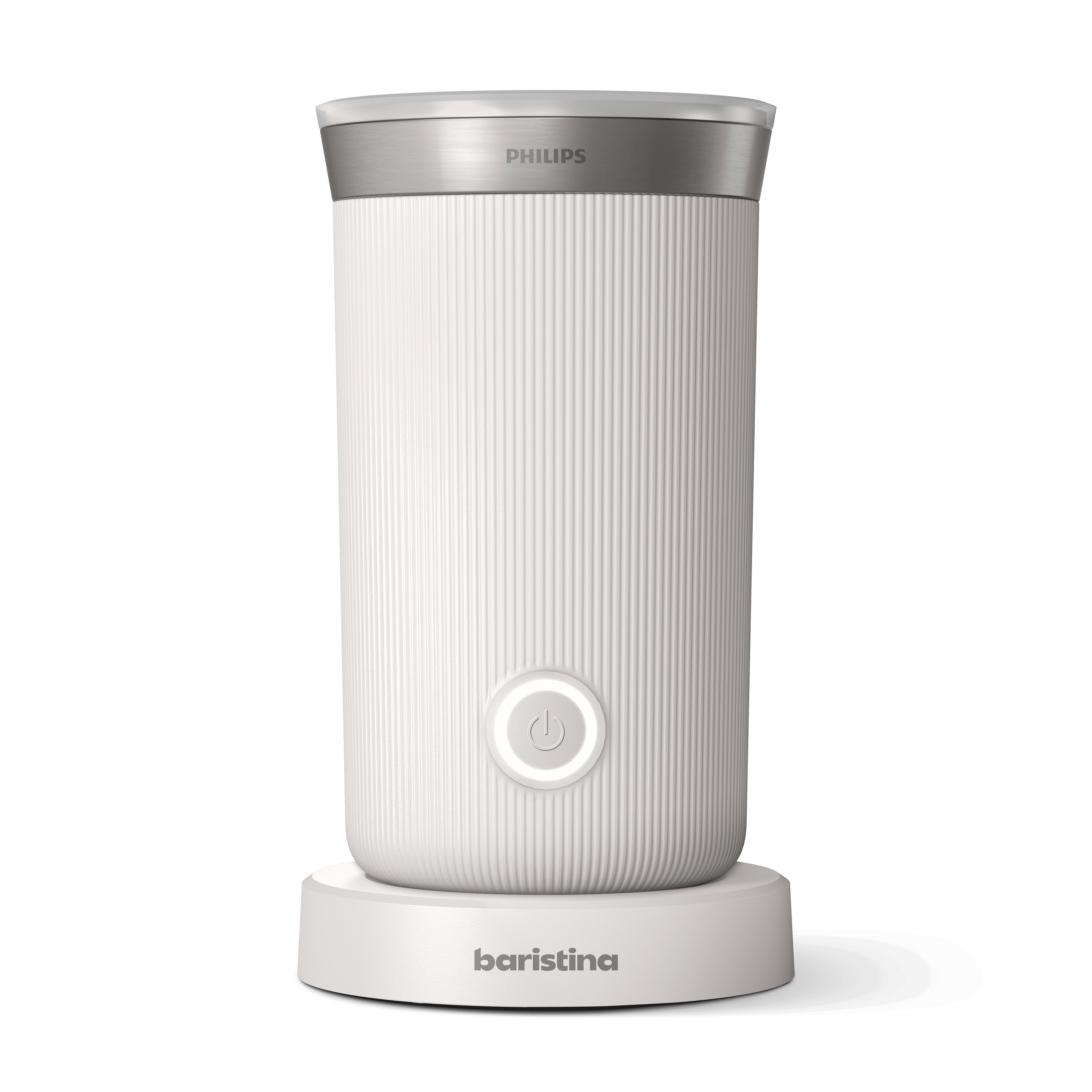Philips Baristina Milchaufschäumer mit gerippter weißer Außenseite, Power-Taste und metallischen Akzenten. Philips Baristina Milchaufschäumer mit gerippter weißer Außenseite, Power-Taste und metallischen Akzenten.