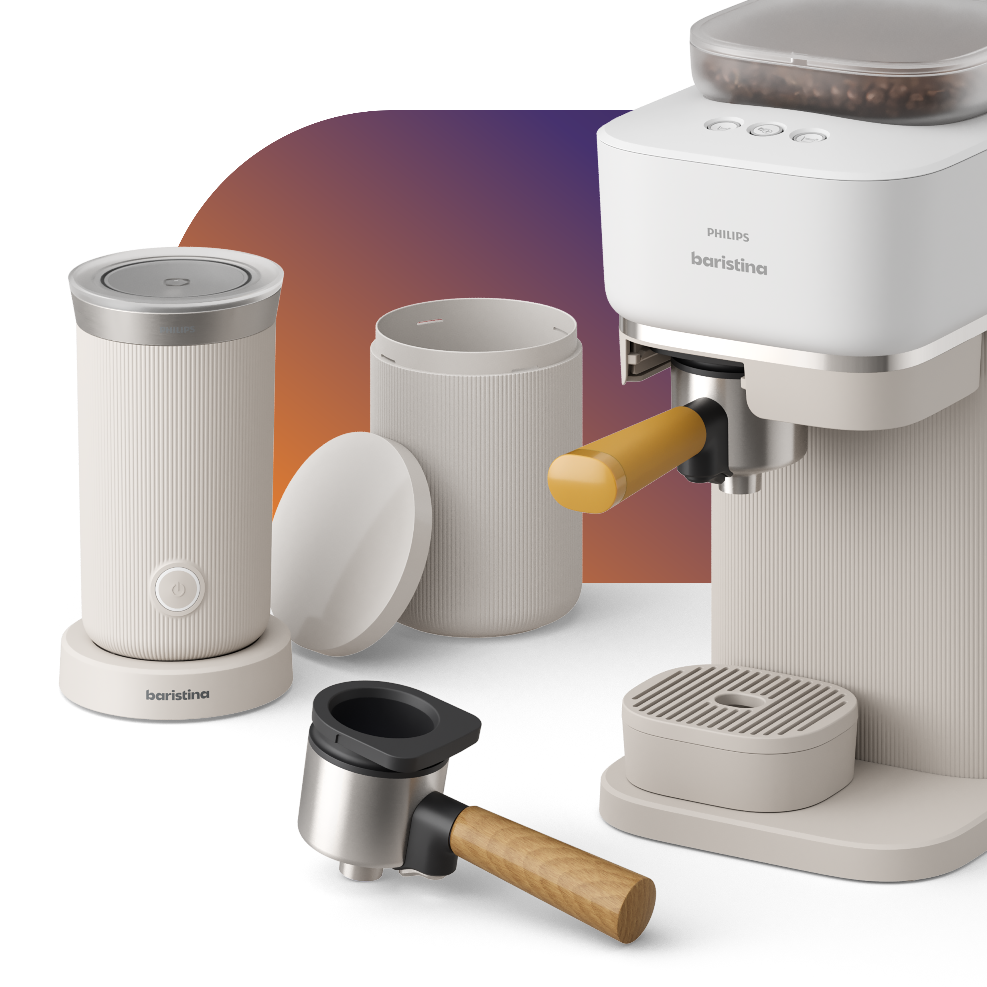 Système café moderne beige Philips Baristina: machine expresso, réservoir grains, mousseur lait, boîte rangement, porte-filtre. Système café moderne beige Philips Baristina: machine expresso, réservoir grains, mousseur lait, boîte rangement, porte-filtre.