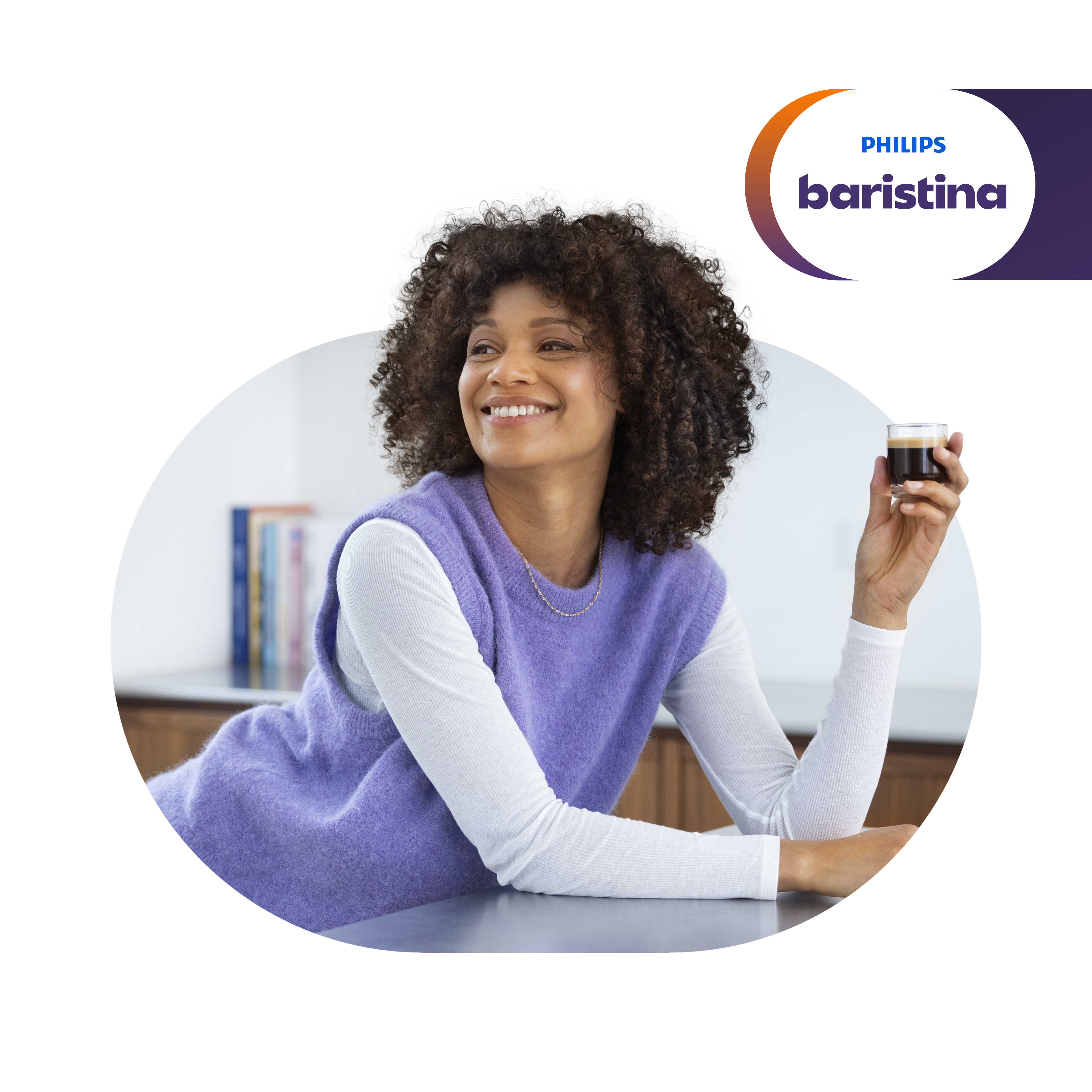Smiling woman holds a Philips Baristina espresso. She looks happy and content, enjoying her drink. Smiling woman holds a Philips Baristina espresso. She looks happy and content, enjoying her drink.