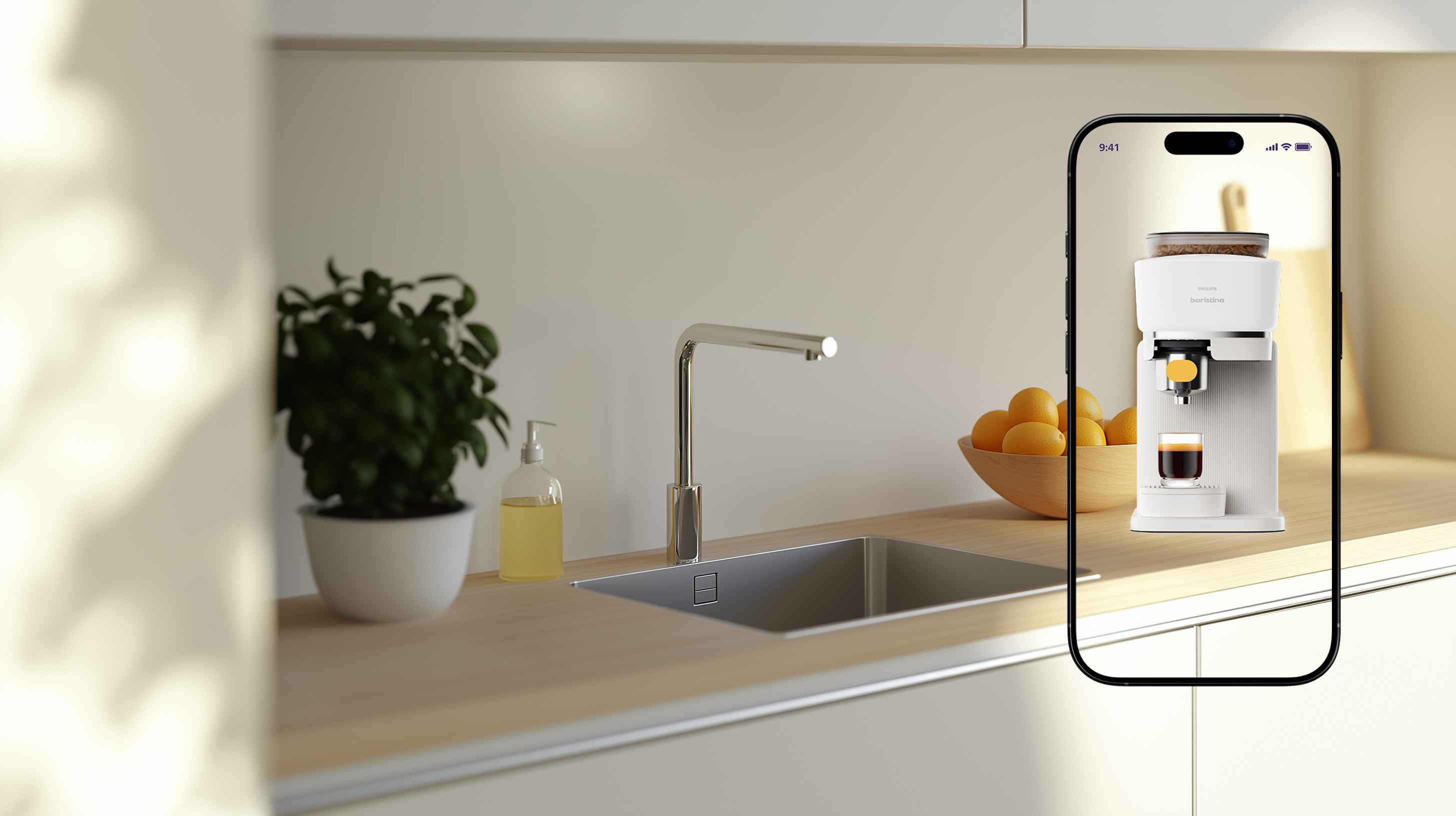 Die Philips Baristina Espressomaschine brüht einen einzelnen Espresso, angezeigt auf einem Smartphone-Bildschirm in einer modernen Küche. Die Philips Baristina Espressomaschine brüht einen einzelnen Espresso, angezeigt auf einem Smartphone-Bildschirm in einer modernen Küche.