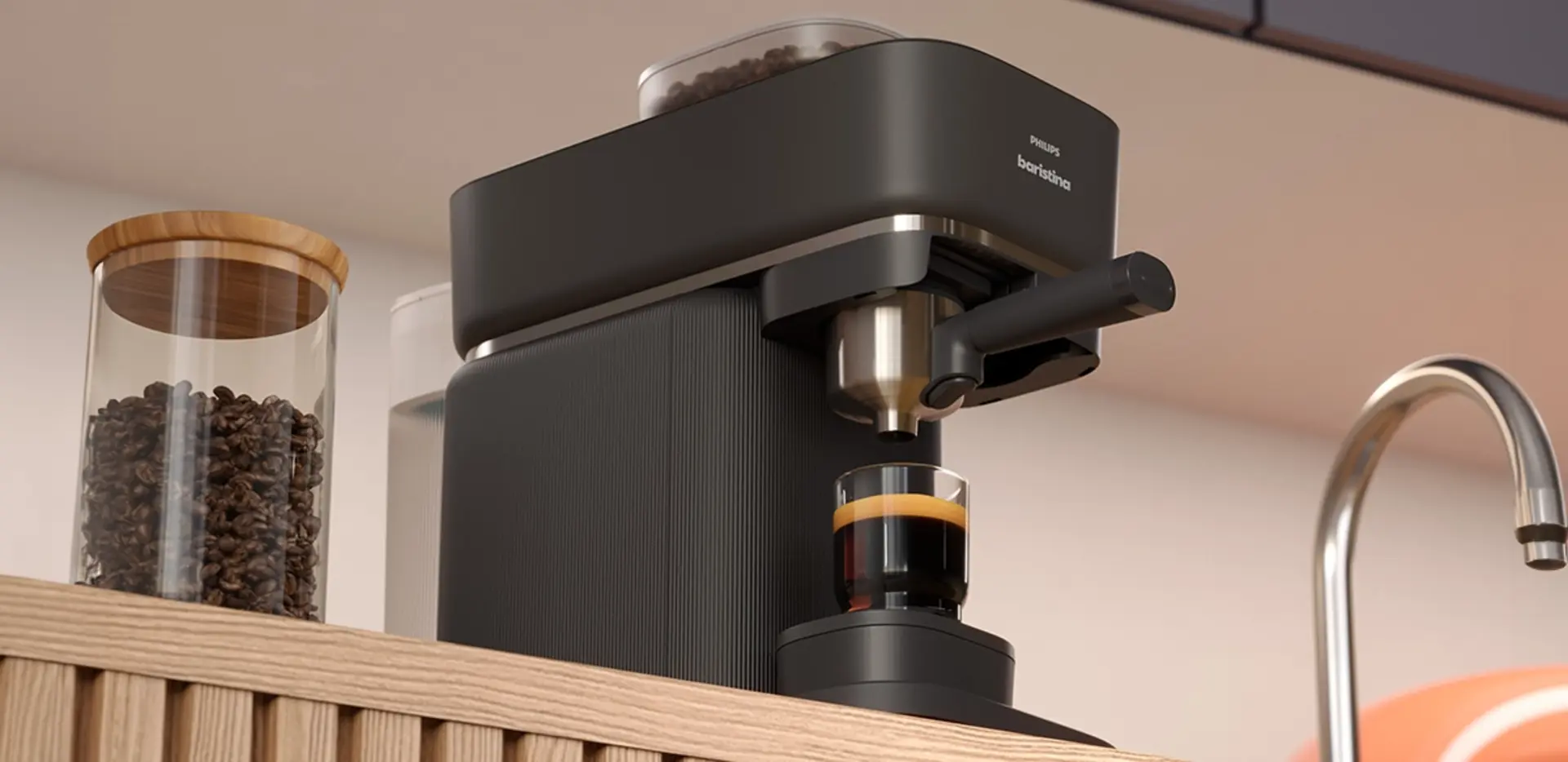 Baristina espressomachine staand op aanrecht Baristina espressomachine staand op aanrecht