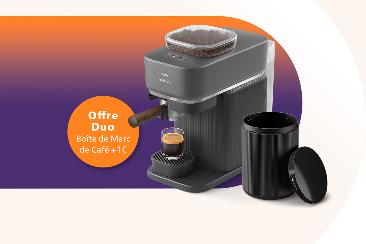 Ajoutez une Boîte de marc de café pour seulement 1€ à l'achat de chaque machine expresso Baristina. Ajoutez une Boîte de marc de café pour seulement 1€ à l'achat de chaque machine expresso Baristina.